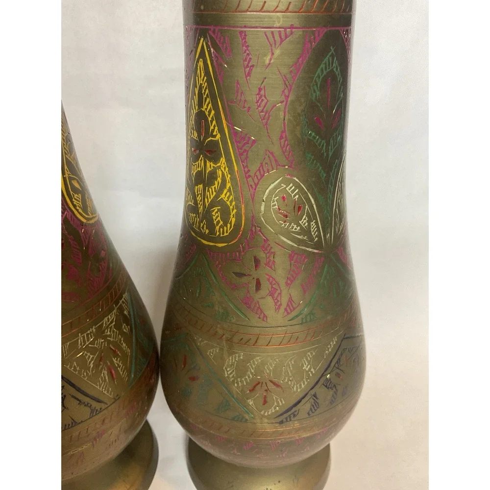 Vtg Brass Hand Etched Multicolored Flower Bud Vases Set of 2 Made In India 12